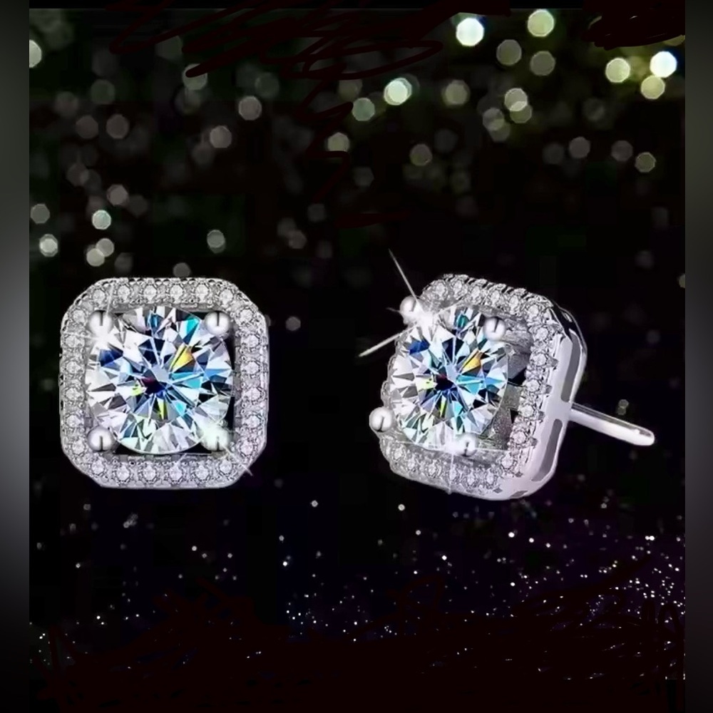 Elegant Real Moissanite Square Halo Stud Earrings 925 Silver, GRA Certificates